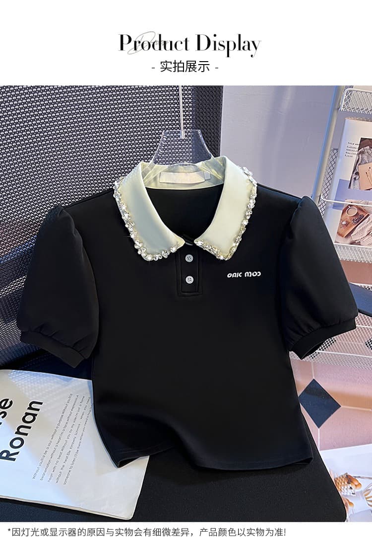 실사 반팔 맨위 여성 고급 센스 2026 봄 여름 새로운 배색 패치워크 다이아몬드 세팅 POLO 칼라 거품 소매 티셔츠 상세 이미지 12