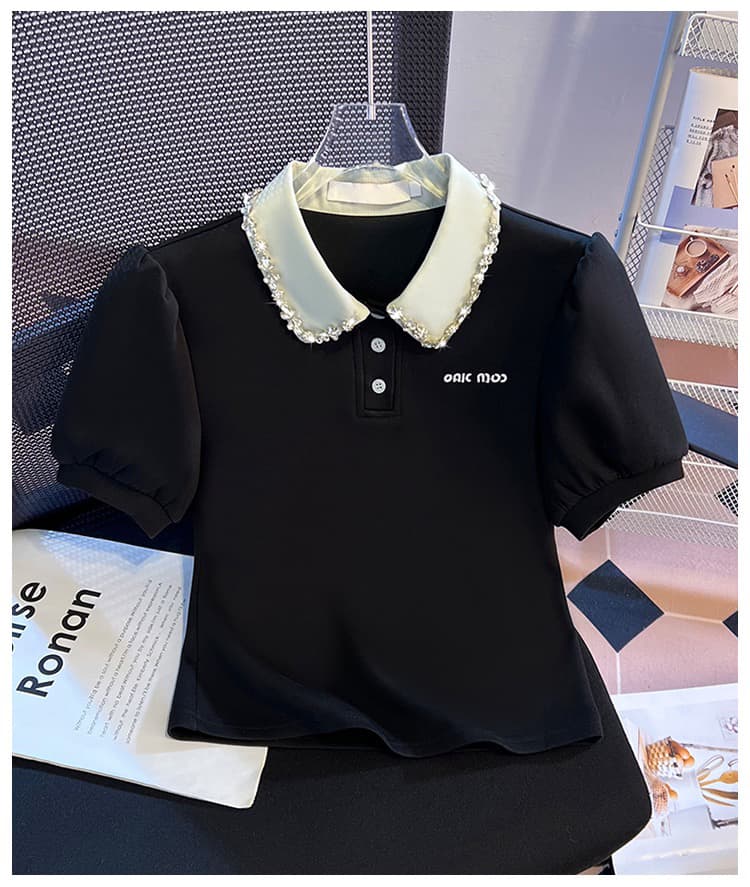 실사 반팔 맨위 여성 고급 센스 2026 봄 여름 새로운 배색 패치워크 다이아몬드 세팅 POLO 칼라 거품 소매 티셔츠 상세 이미지 13