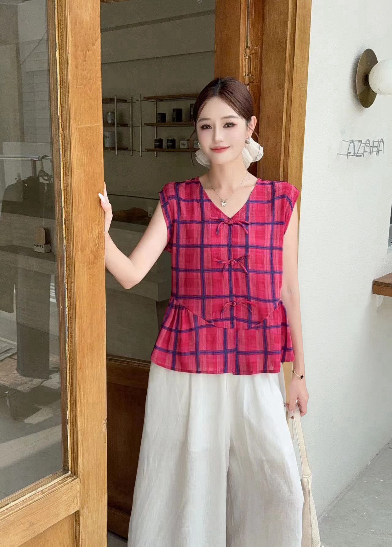 새로운 중식 레트로 프린트 민소매 여성 셔츠 2026 여름 새로운 외국 가스 국풍 단추 민소매 베스트 어깨 상세 이미지 13