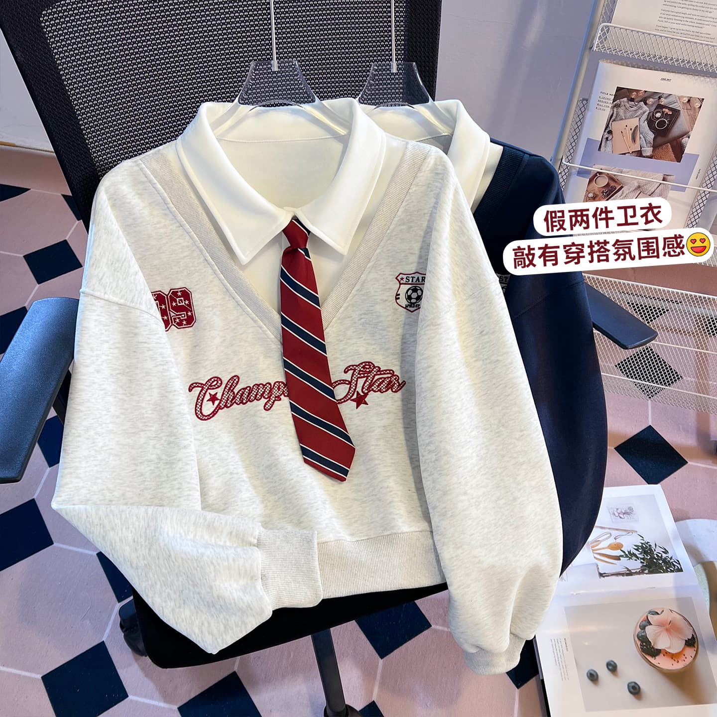 실사 아메리칸 polo 넥타이 페이크 레이어드 후드티 여성 2026 이른 가을 신제품 한 부서 학원 스타일 연령 감소 맨위