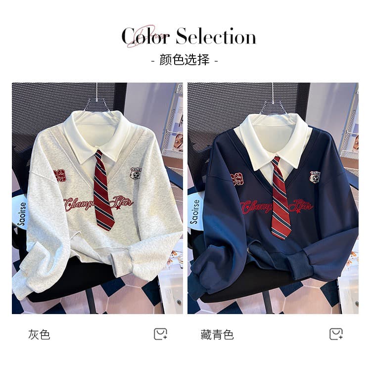 실사 아메리칸 polo 넥타이 페이크 레이어드 후드티 여성 2026 이른 가을 신제품 한 부서 학원 스타일 연령 감소 맨위 상세 이미지 11