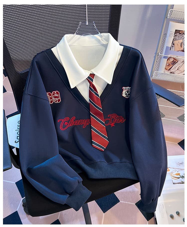 실사 아메리칸 polo 넥타이 페이크 레이어드 후드티 여성 2026 이른 가을 신제품 한 부서 학원 스타일 연령 감소 맨위 상세 이미지 17