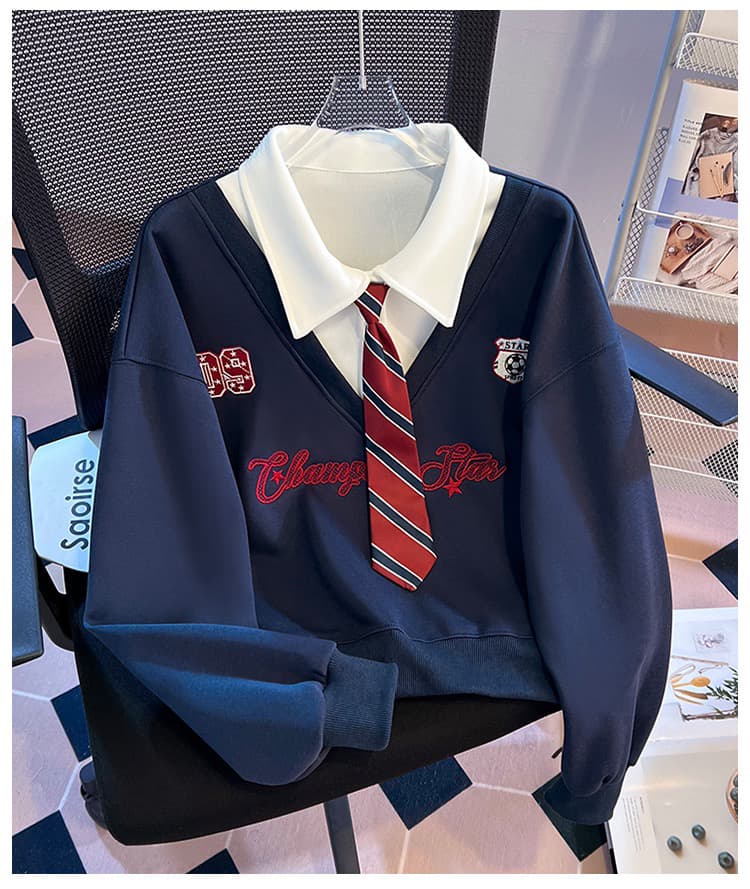 실사 아메리칸 polo 넥타이 페이크 레이어드 후드티 여성 2026 이른 가을 신제품 한 부서 학원 스타일 연령 감소 맨위 상세 이미지 18