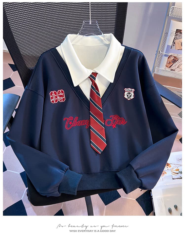 실사 아메리칸 polo 넥타이 페이크 레이어드 후드티 여성 2026 이른 가을 신제품 한 부서 학원 스타일 연령 감소 맨위 상세 이미지 19