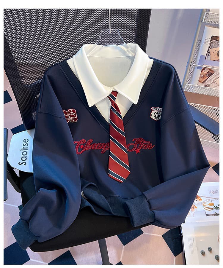 실사 아메리칸 polo 넥타이 페이크 레이어드 후드티 여성 2026 이른 가을 신제품 한 부서 학원 스타일 연령 감소 맨위 상세 이미지 20