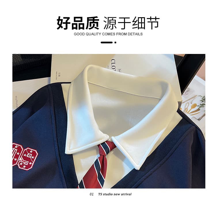 실사 아메리칸 polo 넥타이 페이크 레이어드 후드티 여성 2026 이른 가을 신제품 한 부서 학원 스타일 연령 감소 맨위 상세 이미지 22