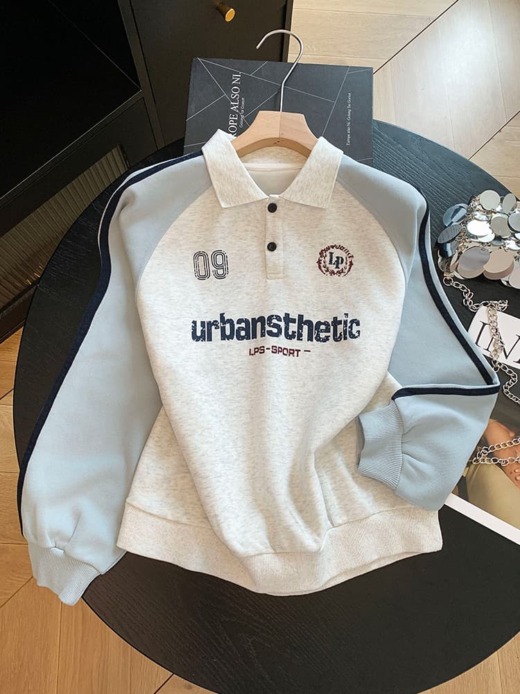실사 POLO 칼라 페이크 레이어드 후드티 여성 2026 새로운 폭발 아메리칸 착용 가져 가라. 알파벳 자수 학원 스타일 맨위 이미지 3
