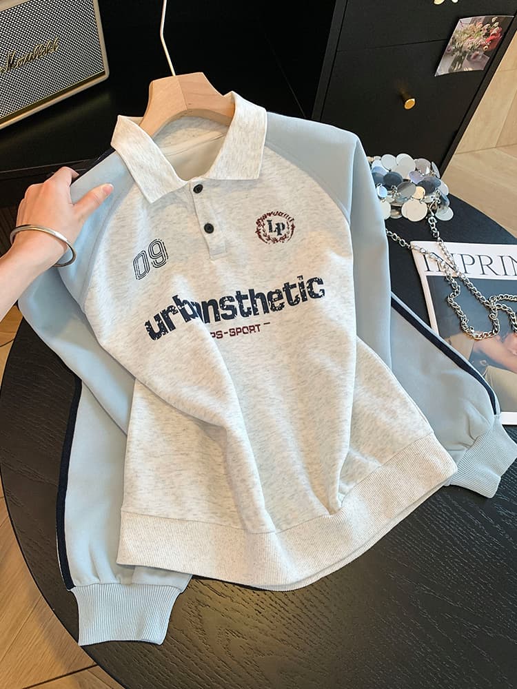 실사 POLO 칼라 페이크 레이어드 후드티 여성 2026 새로운 폭발 아메리칸 착용 가져 가라. 알파벳 자수 학원 스타일 맨위 이미지 2