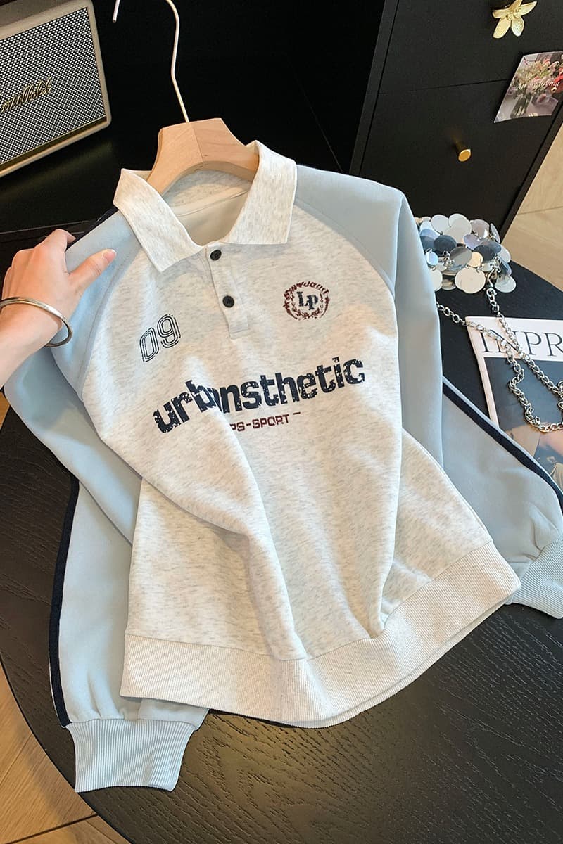 실사 POLO 칼라 페이크 레이어드 후드티 여성 2026 새로운 폭발 아메리칸 착용 가져 가라. 알파벳 자수 학원 스타일 맨위 이미지 7