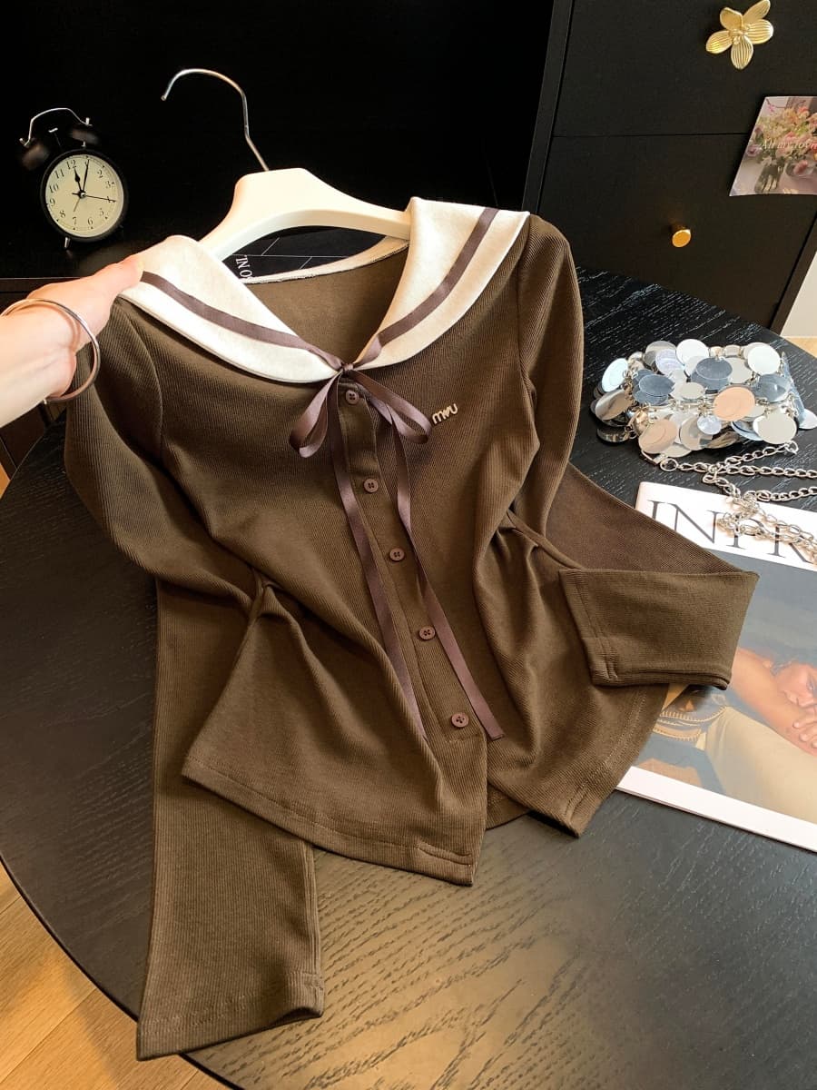 실사 해군 페이크 레이어드 해군 칼라 기본 셔츠 여성 2026 가을 새로운 몸매 가꾸기 쇼트 스타일 긴팔 티셔츠 작은 셔츠 상세 이미지 14