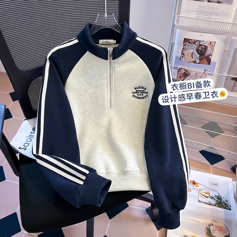 실사 아메리칸 레트로 배색 하프 지퍼 스탠드 칼라 후드티 여성 2026 가을 겨울 새로운 루즈핏 학생 맨위 이미지 2