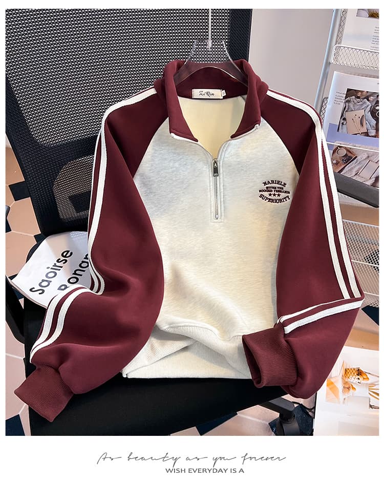 실사 아메리칸 레트로 배색 하프 지퍼 스탠드 칼라 후드티 여성 2026 가을 겨울 새로운 루즈핏 학생 맨위 상세 이미지 13