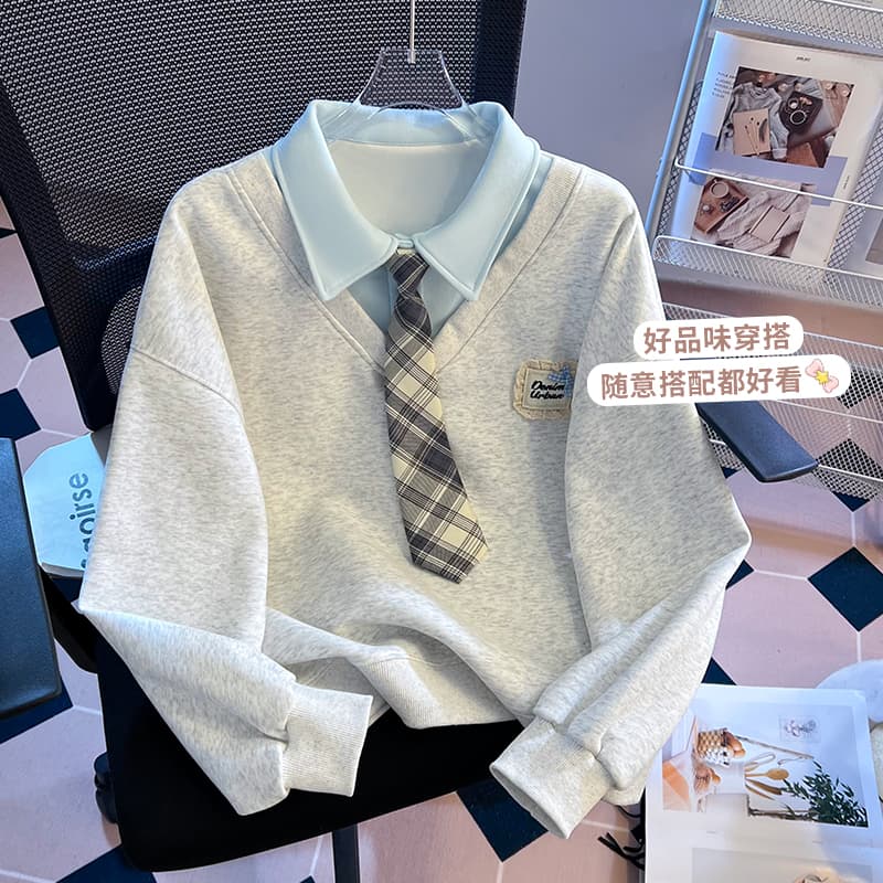 실사 아메리칸 페이크 레이어드 POLO 칼라 소녀 새로운 2026 이른 가을 착용 가져 가라. 루즈핏 학원 스타일 다용도 맨위 이미지 3