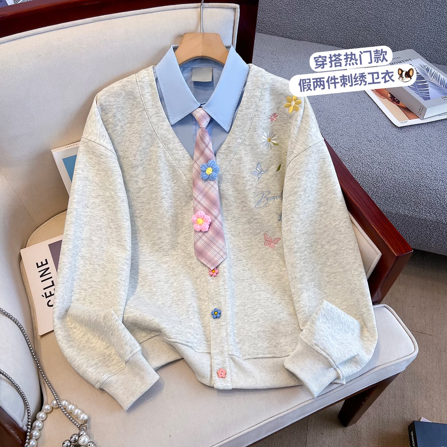실사 한 부서 자수 꽃 페이크 레이어드 여성 코트 야구 유니폼 가을 겨울 루즈핏 느긋한 바람 POLO 칼라 후드티 여성