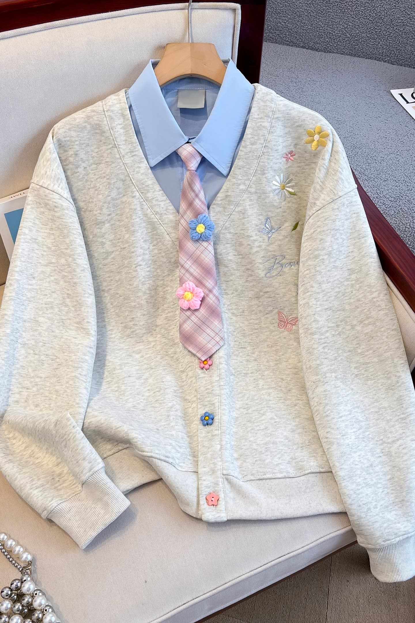실사 한 부서 자수 꽃 페이크 레이어드 여성 코트 야구 유니폼 가을 겨울 루즈핏 느긋한 바람 POLO 칼라 후드티 여성 이미지 6