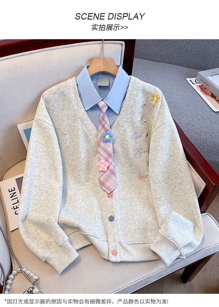 실사 한 부서 자수 꽃 페이크 레이어드 여성 코트 야구 유니폼 가을 겨울 루즈핏 느긋한 바람 POLO 칼라 후드티 여성 상세 이미지 11