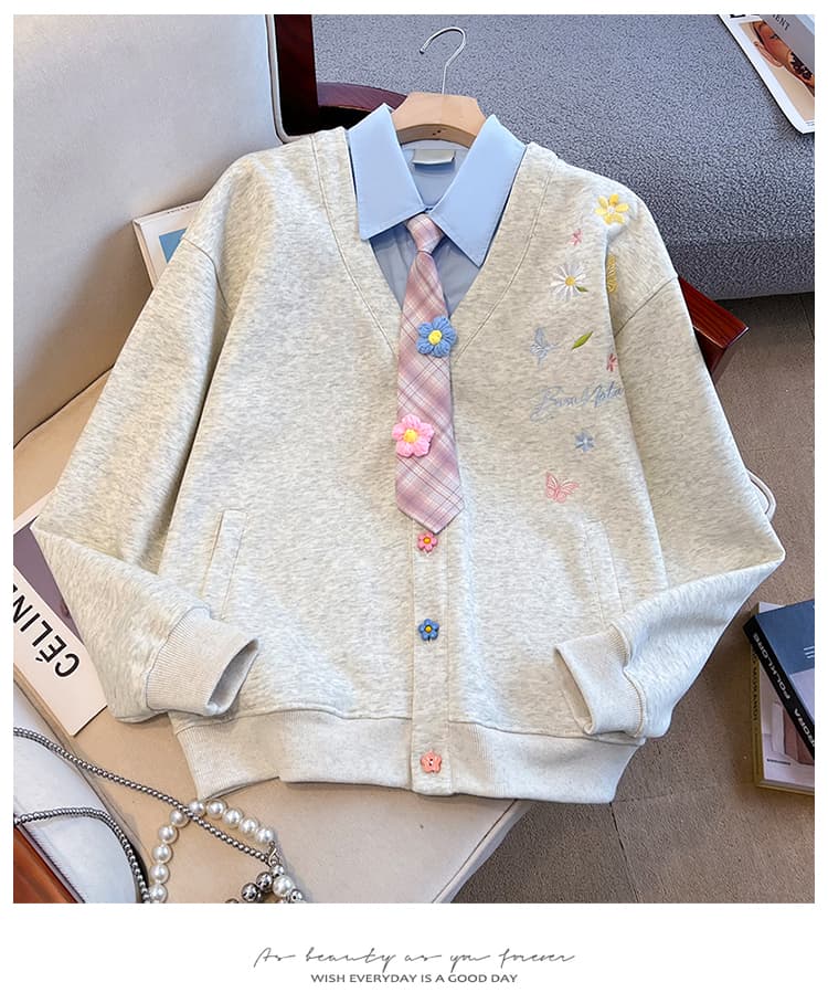 실사 한 부서 자수 꽃 페이크 레이어드 여성 코트 야구 유니폼 가을 겨울 루즈핏 느긋한 바람 POLO 칼라 후드티 여성 상세 이미지 13