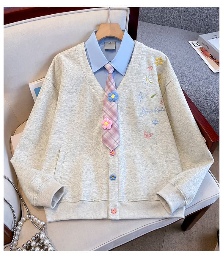 실사 한 부서 자수 꽃 페이크 레이어드 여성 코트 야구 유니폼 가을 겨울 루즈핏 느긋한 바람 POLO 칼라 후드티 여성 상세 이미지 14