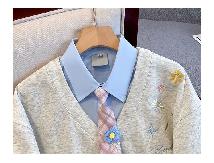 실사 한 부서 자수 꽃 페이크 레이어드 여성 코트 야구 유니폼 가을 겨울 루즈핏 느긋한 바람 POLO 칼라 후드티 여성 상세 이미지 17