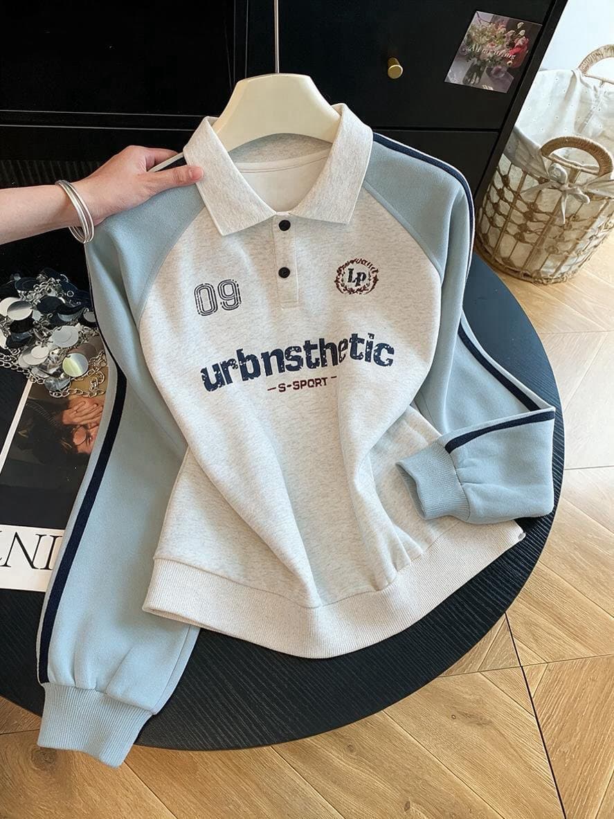 실사 POLO 칼라 페이크 레이어드 후드티 여성 2026 새로운 폭발 아메리칸 착용 가져 가라. 알파벳 자수 학원 스타일 맨위