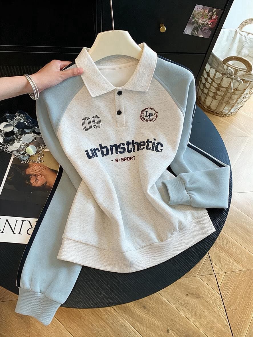 실사 POLO 칼라 페이크 레이어드 후드티 여성 2026 새로운 폭발 아메리칸 착용 가져 가라. 알파벳 자수 학원 스타일 맨위 상세 이미지 16