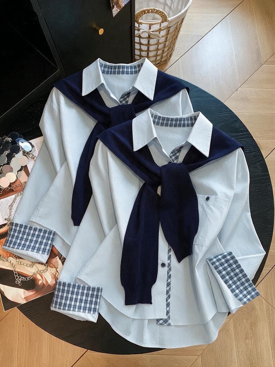 실사 미니멀리즘 루즈핏 긴팔 체크무늬 패치워크 여성 셔츠 2026 가을 겨울 새로운 학원 스타일 슬림해 보이는 싸움 어깨 의류 상세 이미지 7