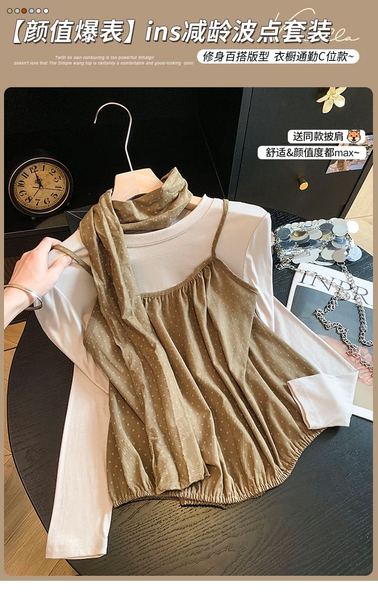 실사 벨트 스카프 한 부서 스택 착용 다용도 라운드 넥 긴팔 티셔츠 여성 도트 무늬 슬립 투피스 세트 맨위 작은 셔츠 상세 이미지 1