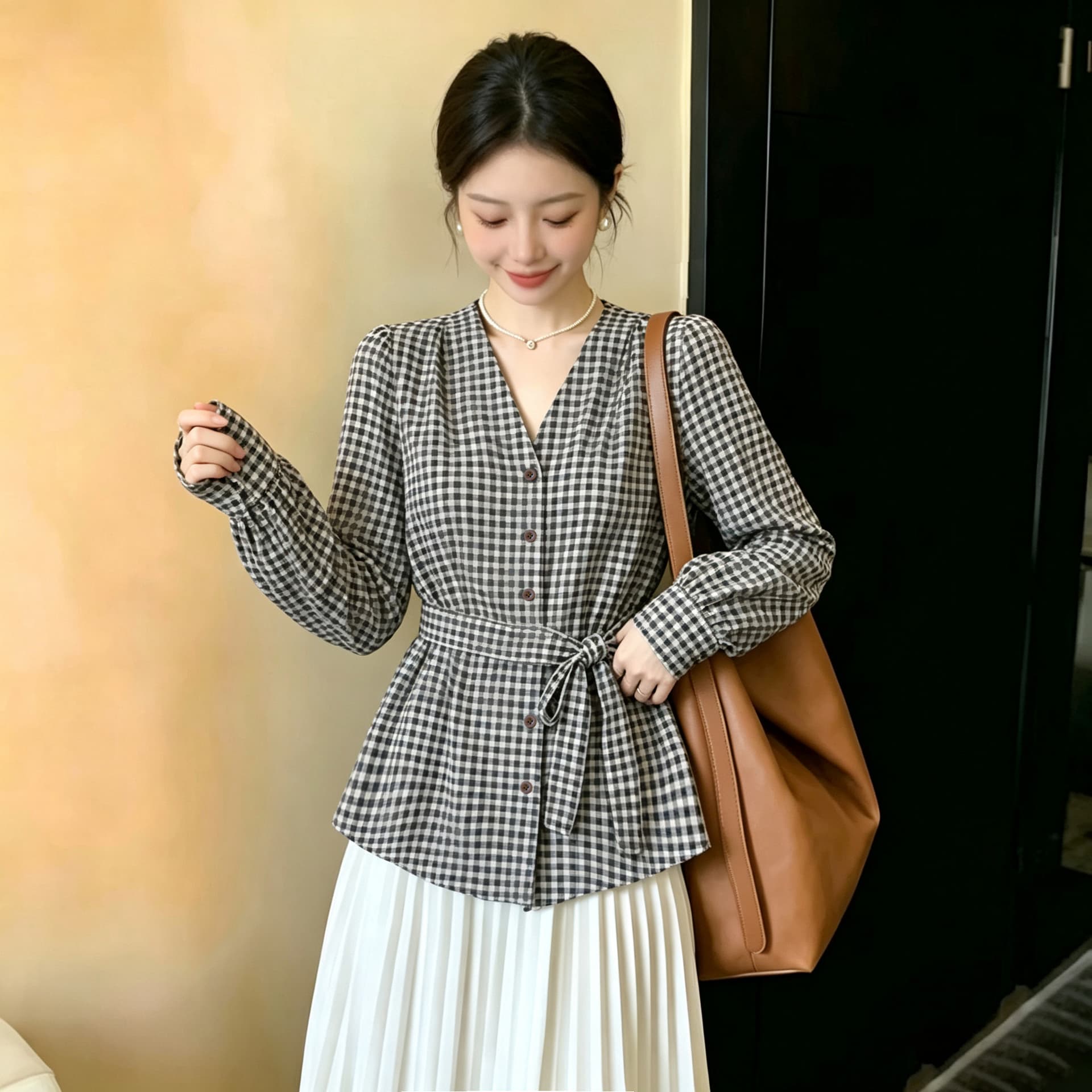 2026 프랑스식 바람 격자 무늬 셔츠 여성 긴 소매 품격 V넥 루즈핏 학원 스타일 리본 빨간색 그리드 셔츠 상세 이미지 4