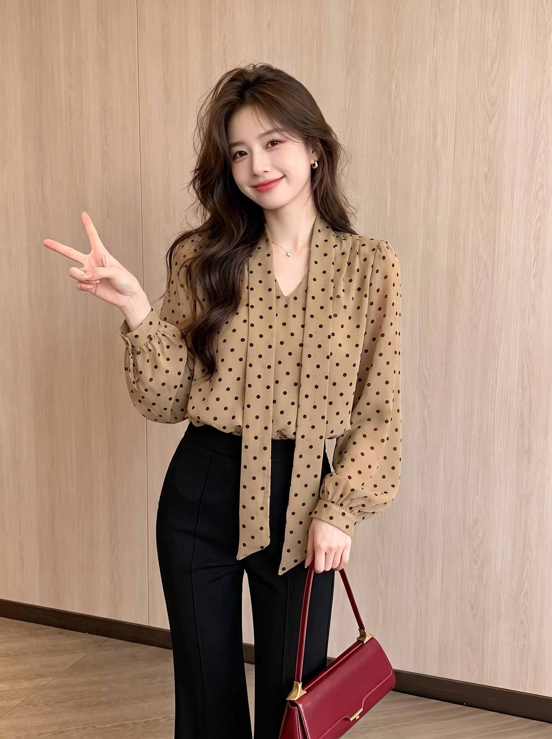 바람 프랑스식 V넥 도트 무늬 긴팔 여성 셔츠 2026 봄 가을 허리 수축 슬림해 보이는 쉬폰 핫걸 행침 목 리본 맨위 상세 이미지 2