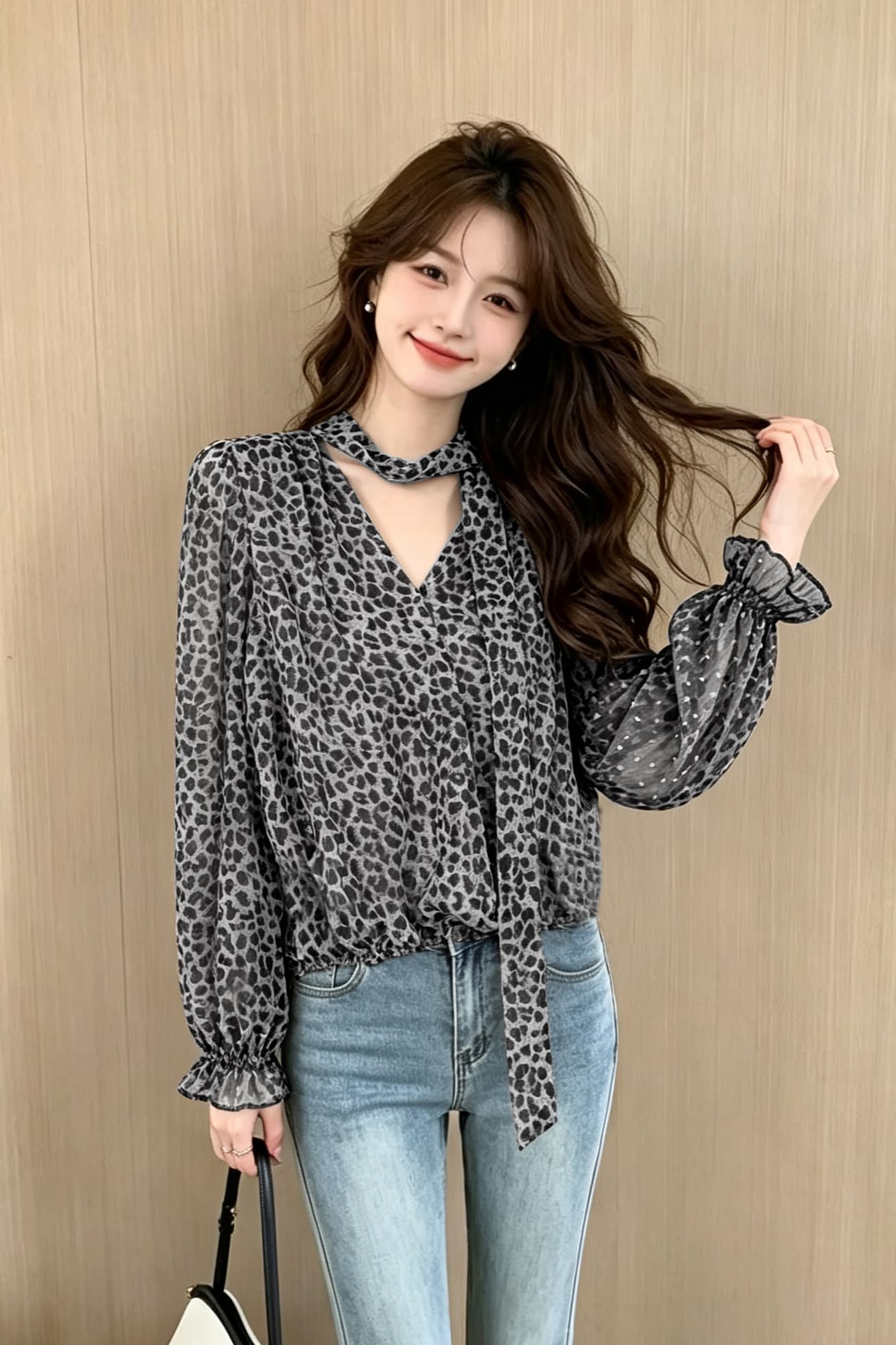 2026 가을 새로운 레트로 빛 요리 한 바람 V넥 여성 셔츠 루즈핏 레오파드 무늬 쉬폰 톱 트렌디 이미지 6