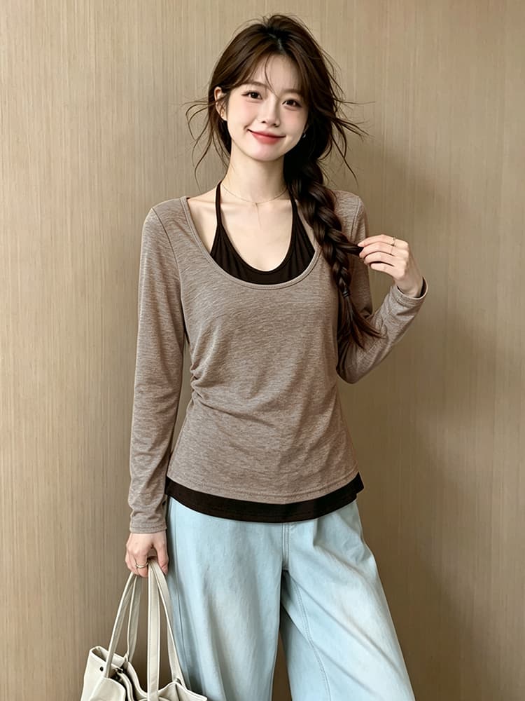 아메리칸 레트로 페이크 레이어드 레오파드 무늬 패치워크 행침 목 긴팔 티셔츠 여성 핫걸 바람 몸매 가꾸기 배색 인사이드 잡아라. 의류 트렌디 상세 이미지 6