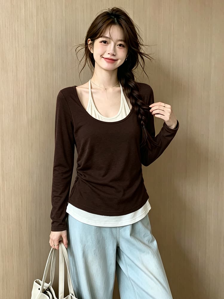 아메리칸 레트로 페이크 레이어드 레오파드 무늬 패치워크 행침 목 긴팔 티셔츠 여성 핫걸 바람 몸매 가꾸기 배색 인사이드 잡아라. 의류 트렌디 상세 이미지 7
