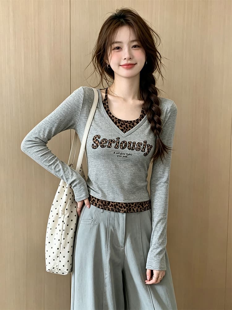 2026 이른 가을 새로운 아메리칸 레트로 레오파드 무늬 페이크 레이어드 행침 목 긴팔 티셔츠 여성 몸매 가꾸기 맨위 여성 이미지 3