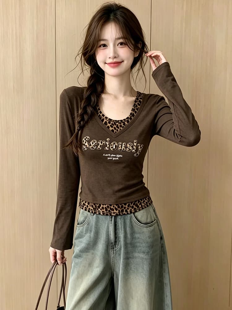 2026 이른 가을 새로운 아메리칸 레트로 레오파드 무늬 페이크 레이어드 행침 목 긴팔 티셔츠 여성 몸매 가꾸기 맨위 여성 상세 이미지 1