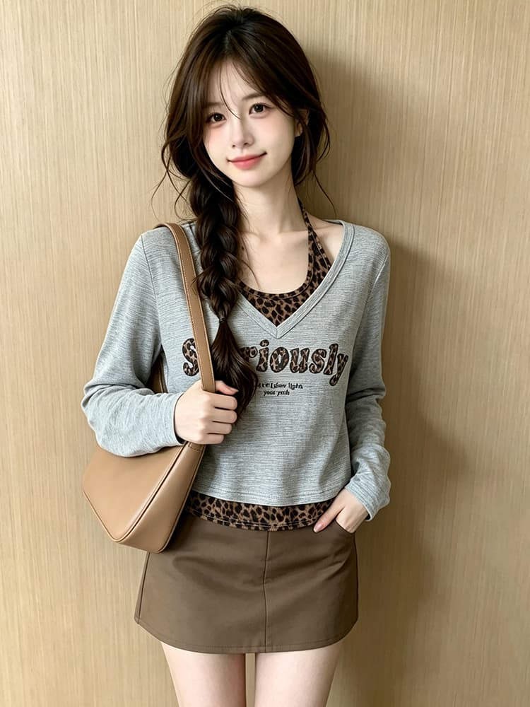 2026 이른 가을 새로운 아메리칸 레트로 레오파드 무늬 페이크 레이어드 행침 목 긴팔 티셔츠 여성 몸매 가꾸기 맨위 여성 상세 이미지 3