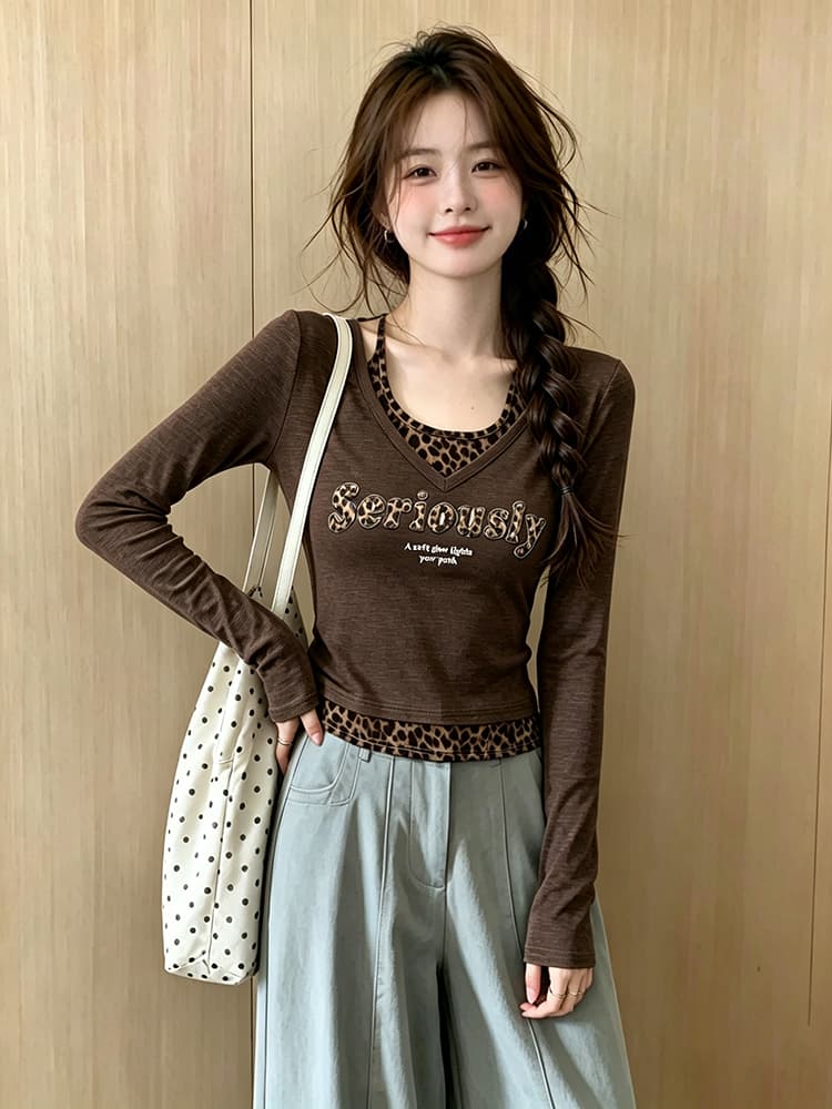 2026 이른 가을 새로운 아메리칸 레트로 레오파드 무늬 페이크 레이어드 행침 목 긴팔 티셔츠 여성 몸매 가꾸기 맨위 여성 상세 이미지 6