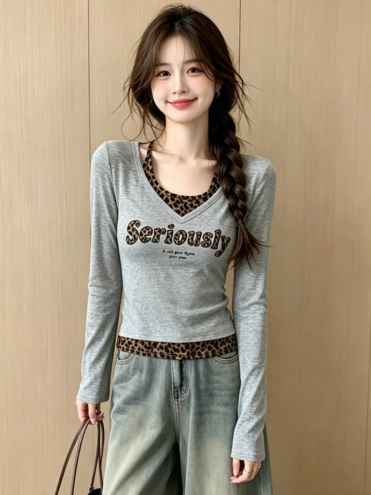 2026 이른 가을 새로운 아메리칸 레트로 레오파드 무늬 페이크 레이어드 행침 목 긴팔 티셔츠 여성 몸매 가꾸기 맨위 여성 상세 이미지 7