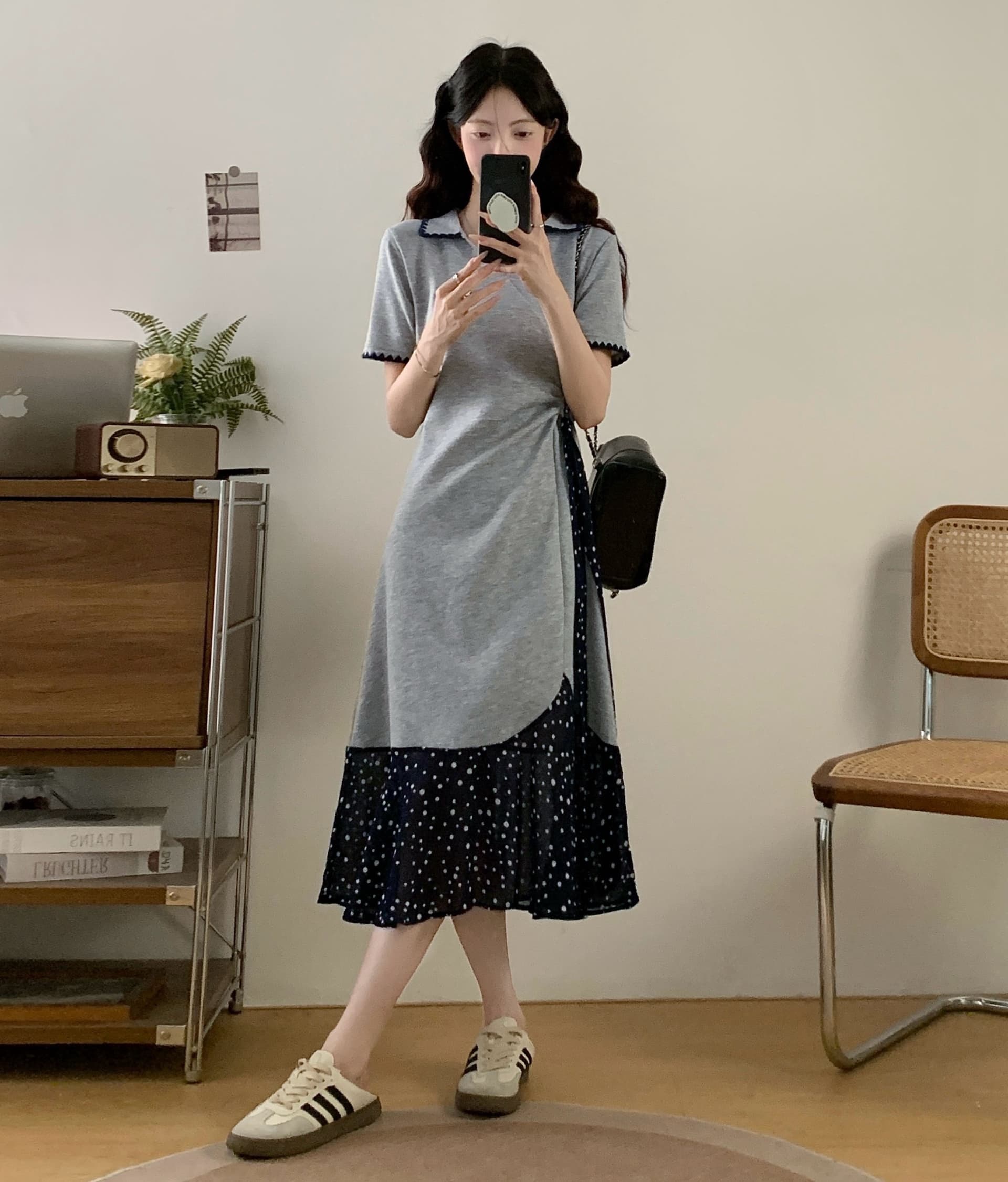실사 작은 키 도트 무늬 패치워크 드레스 카드 버클 허리 수축 슬림해 보이는 V넥 중간 길이 빅 사이즈 티셔츠 치마 여성 여름 이미지 3