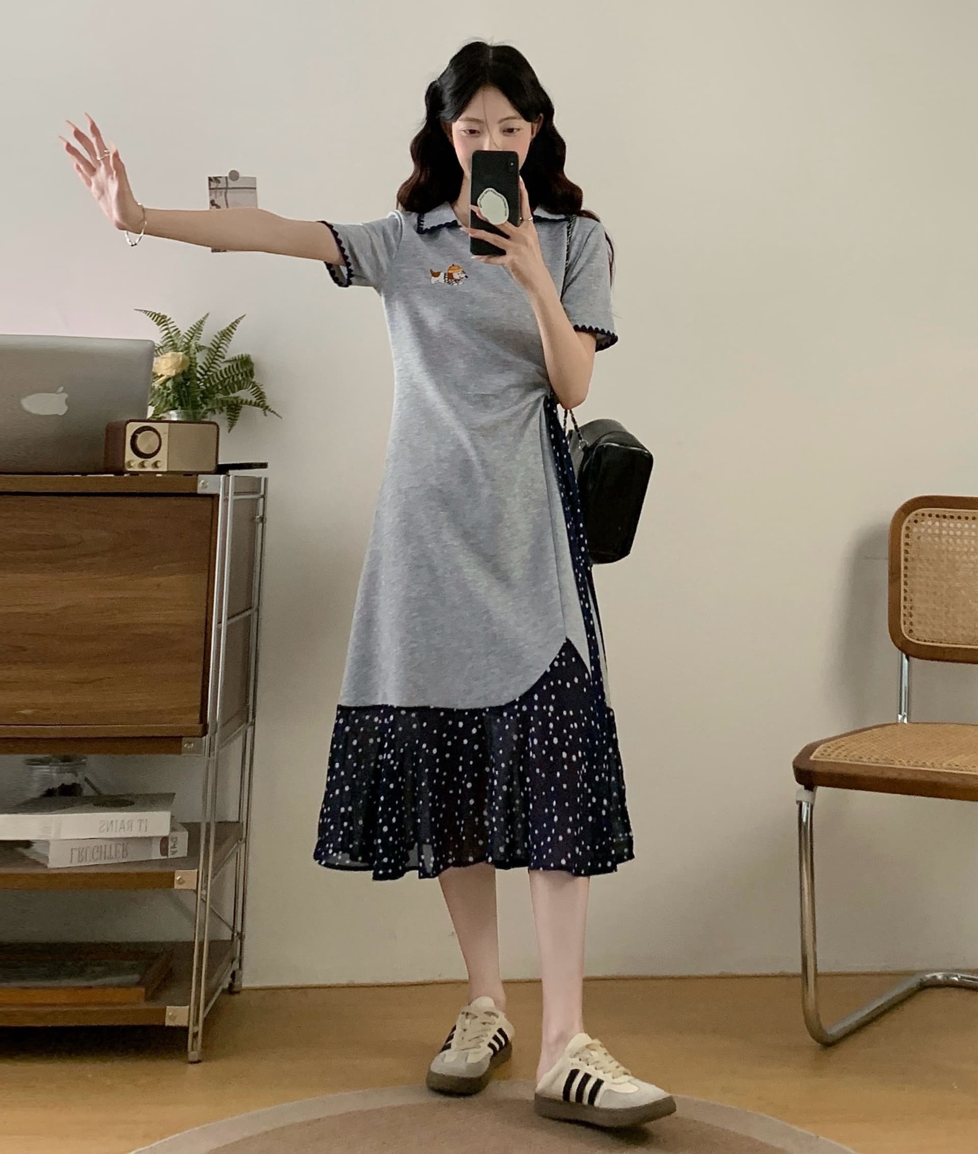 실사 작은 키 도트 무늬 패치워크 드레스 카드 버클 허리 수축 슬림해 보이는 V넥 중간 길이 빅 사이즈 티셔츠 치마 여성 여름 이미지 4