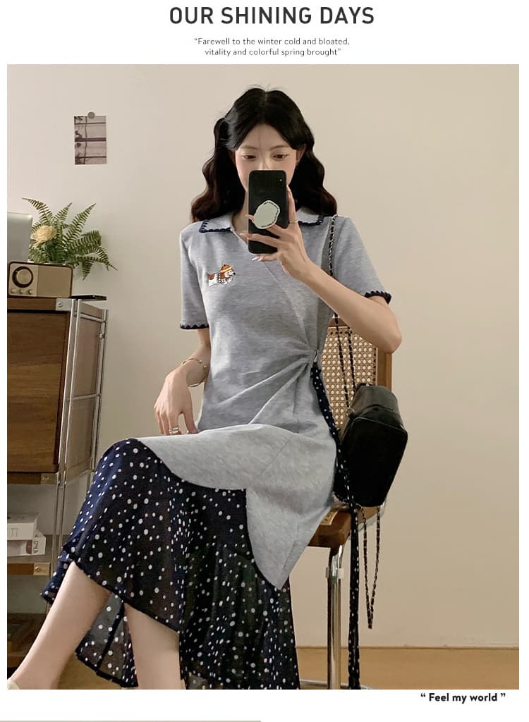 실사 작은 키 도트 무늬 패치워크 드레스 카드 버클 허리 수축 슬림해 보이는 V넥 중간 길이 빅 사이즈 티셔츠 치마 여성 여름 상세 이미지 13
