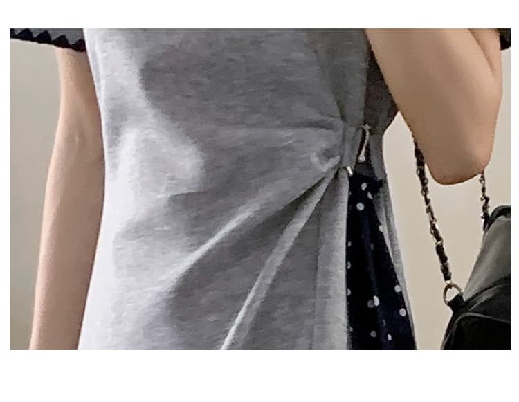 실사 작은 키 도트 무늬 패치워크 드레스 카드 버클 허리 수축 슬림해 보이는 V넥 중간 길이 빅 사이즈 티셔츠 치마 여성 여름 상세 이미지 21
