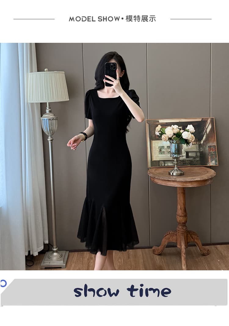 실사 프랑스식 빛 럭셔리 드레스 망사 패치워크 낭만주의 인어 꼬리 스커트 긍정적 인 어깨 소매 허리 수축 슬림해 보이는 중간 길이 치마 상세 이미지 9