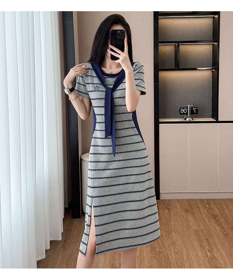 실사 스트라이프 드레스 트임 디자인 센스 어깨끈 동백 나무 표지 고기 슬림해 보이는 패션 캐주얼 중간 길이 빅 사이즈 상세 이미지 13