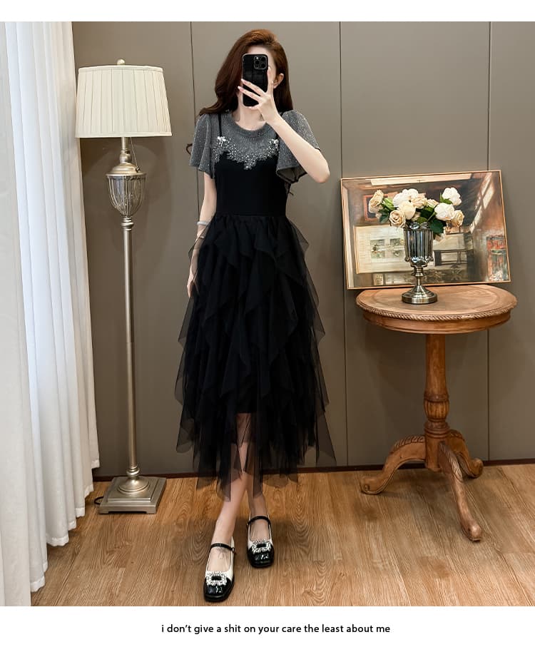 실사 망사 패치워크 드레스 라운드 넥 반팔 배색 수공 못 나비 패션 표지 고기 슬림해 보이는 중간 길이 치마 상세 이미지 18