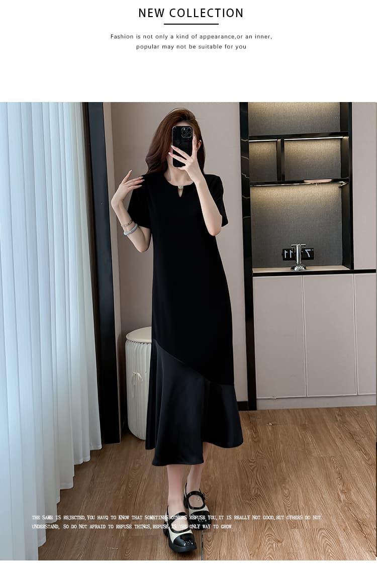 실사 패치워크 여성 드레스 여름 네클라인 구슬 장식 루즈핏 슬림해 보이는 중간 길이 빅 사이즈 티셔츠 치마 상세 이미지 11