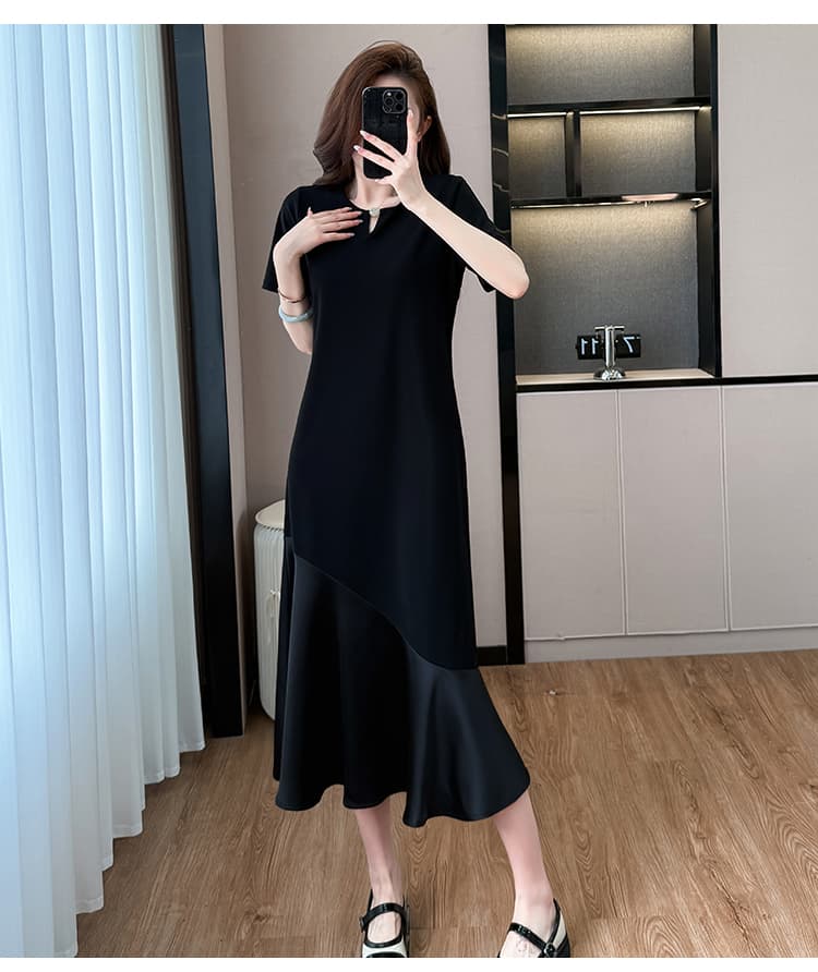 실사 패치워크 여성 드레스 여름 네클라인 구슬 장식 루즈핏 슬림해 보이는 중간 길이 빅 사이즈 티셔츠 치마 상세 이미지 13