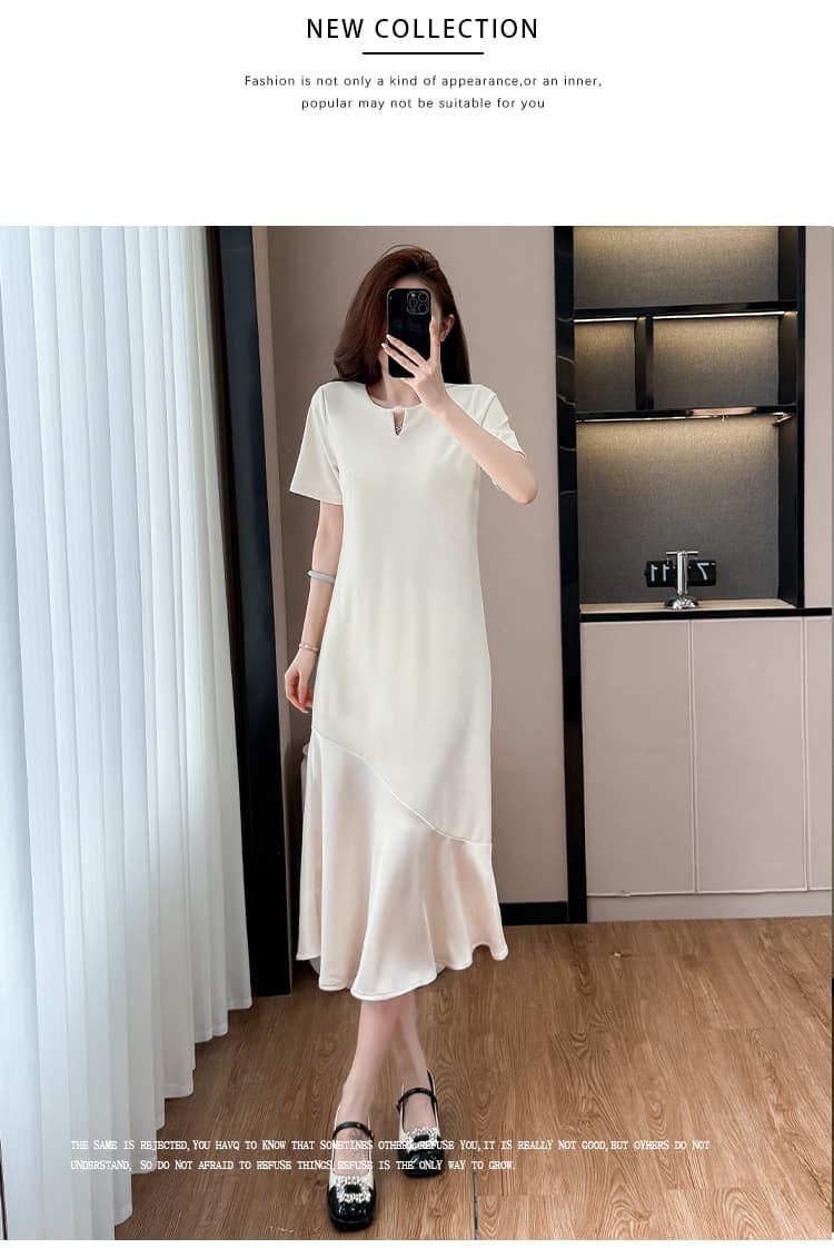 실사 패치워크 여성 드레스 여름 네클라인 구슬 장식 루즈핏 슬림해 보이는 중간 길이 빅 사이즈 티셔츠 치마 상세 이미지 21