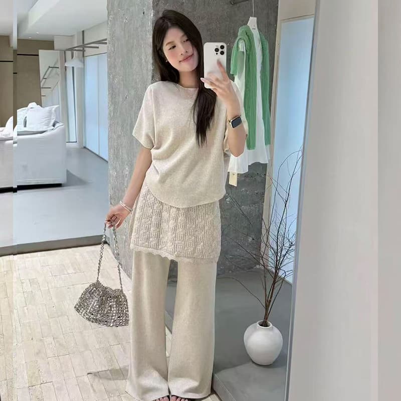 임산부 세트 여름 패션 니트 슬림해 보이는 맨위 긴 바지 패치워크 레이스 임산부 투피스 세트 이미지 3