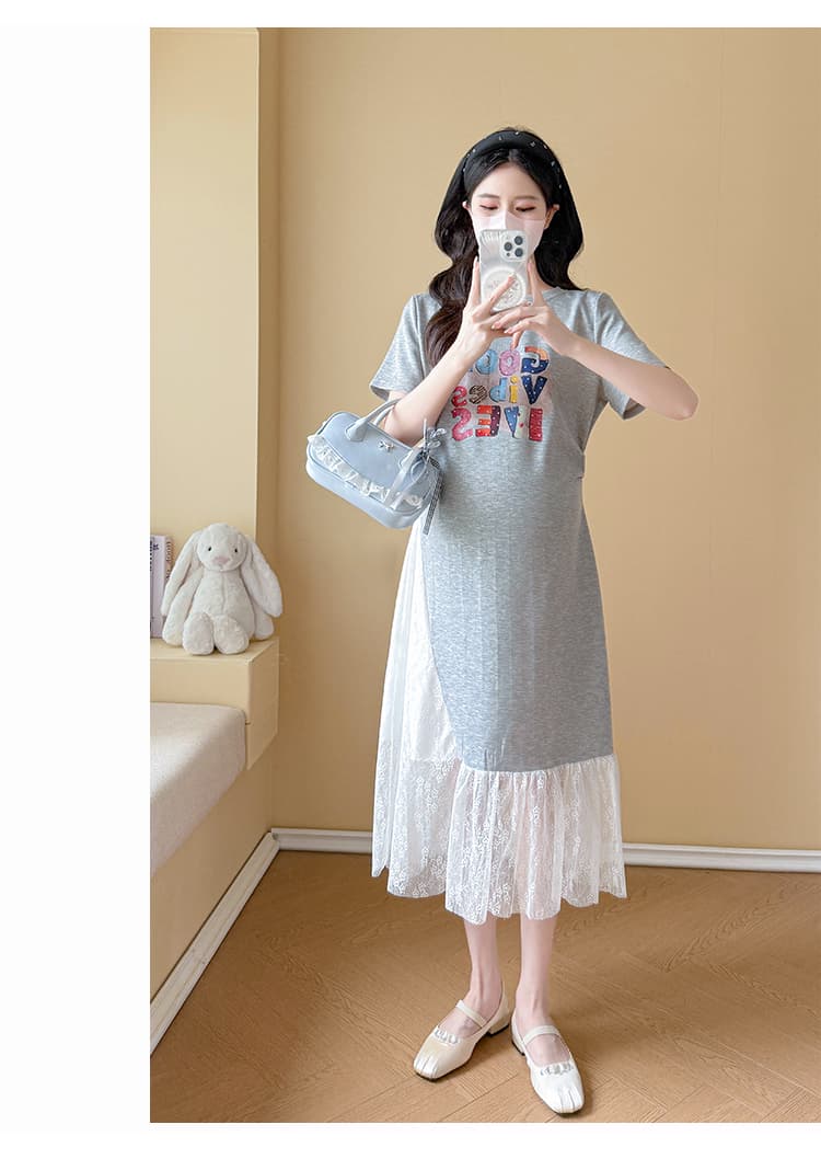 실사 출산 착용 패치워크 드레스 빛나는 알파벳 질감 주름 장식 슬림해 보이는 중간 길이 임산부 티셔츠 치마 상세 이미지 16