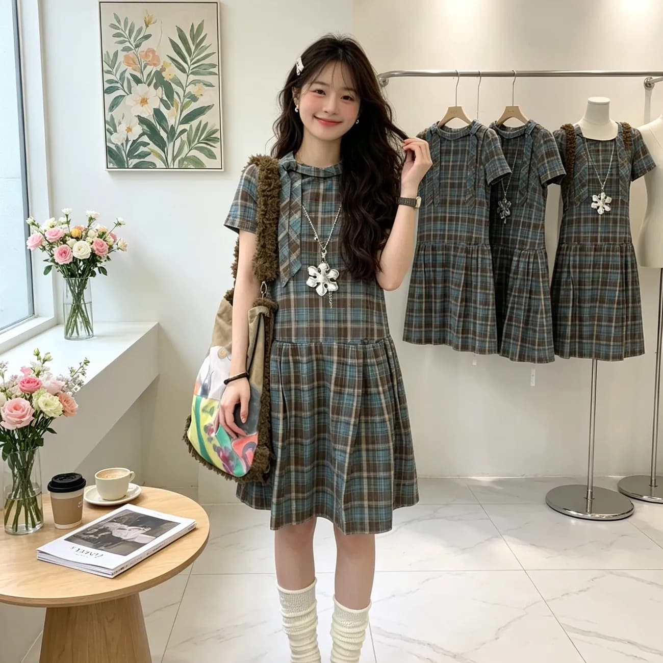 비대칭 비스듬한 문 襟 폴로 칼라 체크무늬 셔츠 드레스 출산 스커트 여름 디자인 센스 A라인 스커트 임산부 드레스